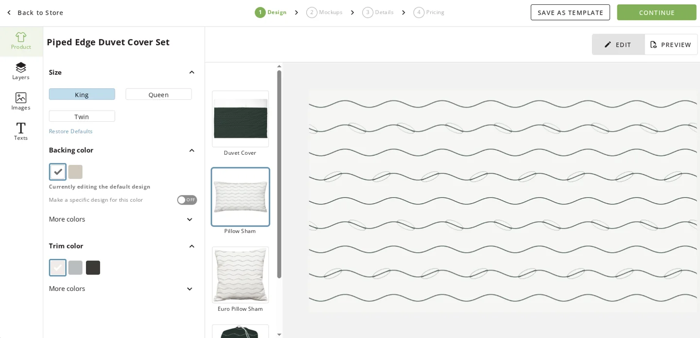 Usha Connect editor with textile controls and a bedding preview