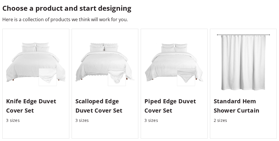 Printsuite merchant catalog showing duvet cover sets and a shower curtain.